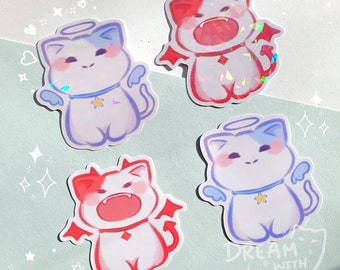 Kawaii angel & devil cat sticker, vinyl sticker, glossy lamination, waterproof stickers, holographic sticker