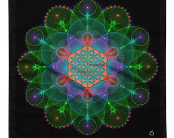 May include: A square fabric bandana featuring a vibrant, symmetrical mandala design on a black background. The center displays a geometric flower of life pattern in orange, surrounded by layers of translucent green and purple circular motifs.