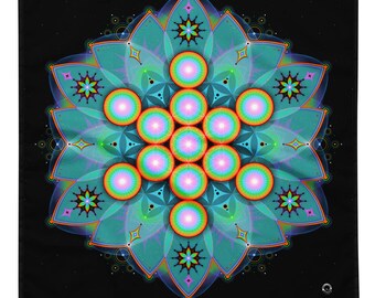 May include: A square textile featuring a vibrant, symmetrical mandala design on a black background. The pattern consists of concentric circles, radiating teal petals, and glowing, multi-colored spheres arranged in a geometric flower-of-life formation.