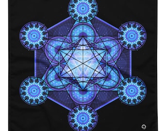 May include: A square fabric bandana featuring a black background with a central geometric Metatron's Cube design in shades of blue, purple, and white. The pattern includes intricate circular mandalas and intersecting lines forming a star shape.