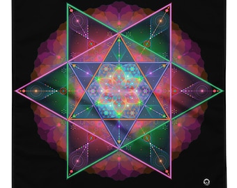 May include: A square fabric bandana featuring a vibrant, symmetrical geometric design on a black background. The pattern consists of overlapping neon-colored triangles, intricate star-like lines, and a central floral mandala motif in shades of blue, pink, and green.