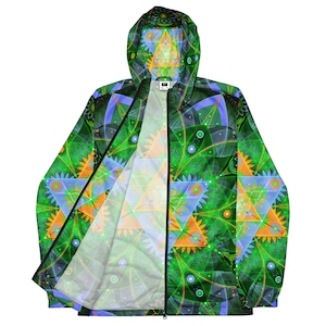 May include: A green hooded jacket with a full-length zipper. The jacket features a vibrant, geometric pattern in shades of green, blue, and orange. The design includes triangles and floral-like shapes, creating a psychedelic effect.