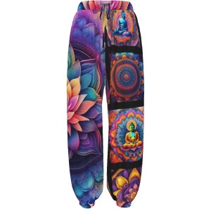 May include: Colorful pants with a floral and mandala design featuring images of Buddha. The pants have a drawstring waist and a relaxed fit.