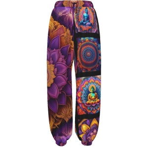 May include: Purple and orange patterned pants with a repeating design of a lotus flower and a meditating Buddha figure.
