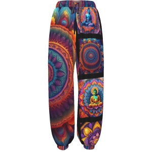 May include: Colorful pants with a mandala pattern and images of Buddha. The pants have an elastic waistband and a drawstring.