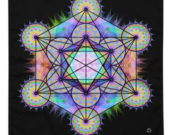May include: A square bandana featuring a vibrant Metatron's Cube design on a black background. The geometric pattern consists of interconnected circles and straight lines in shades of purple, blue, green, and orange, creating a complex, symmetrical, and colorful fractal-like display.