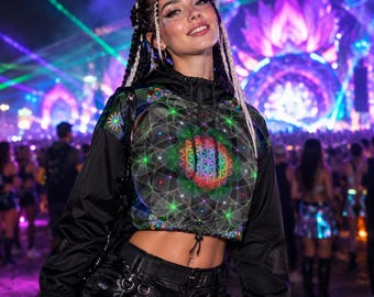 Rainbow Mandala Cropped Windbreaker - Women's Neon Geometric Festival Outfit