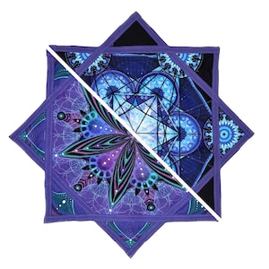 May include: A geometric, star-shaped quilt with a complex, colorful design. The quilt features shades of purple, blue, and black, with intricate patterns and shapes. The central design is a stylized flower or mandala.
