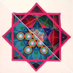 May include: A vibrant, geometric tapestry with a complex design. The central image features colorful circles and intricate patterns in shades of blue, green, and purple. A bright pink border frames the artwork, creating a striking contrast. The overall shape is a star.