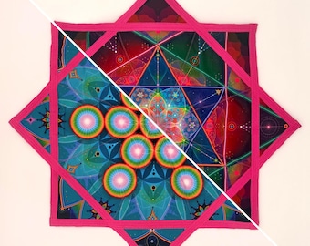 May include: A vibrant, geometric tapestry with a complex design. The central image features colorful circles and intricate patterns in shades of blue, green, and purple. A bright pink border frames the artwork, creating a striking contrast. The overall shape is a star.