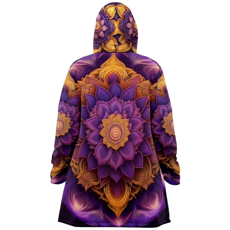 May include: Purple and gold hooded cloak with a mandala design featuring intricate floral patterns.