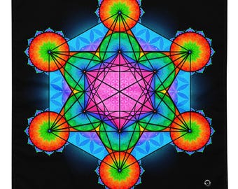 May include: A square textile featuring a vibrant Metatron's Cube design on a black background. The geometric pattern includes intersecting circles and lines in bright shades of orange, green, blue, and pink, creating a complex, symmetrical mandala.