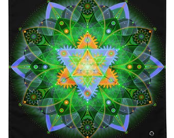 May include: A square textile featuring a vibrant, symmetrical mandala design centered on a black background. The pattern consists of layered green, orange, and light blue geometric shapes, including triangles and floral motifs with intricate lines.