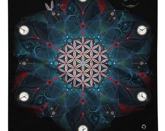 May include: A square fabric print featuring a central geometric flower of life pattern in white and red, surrounded by blue translucent floral petals, six pocket watches, a rabbit ear silhouette, and a grinning cat face on a black background.