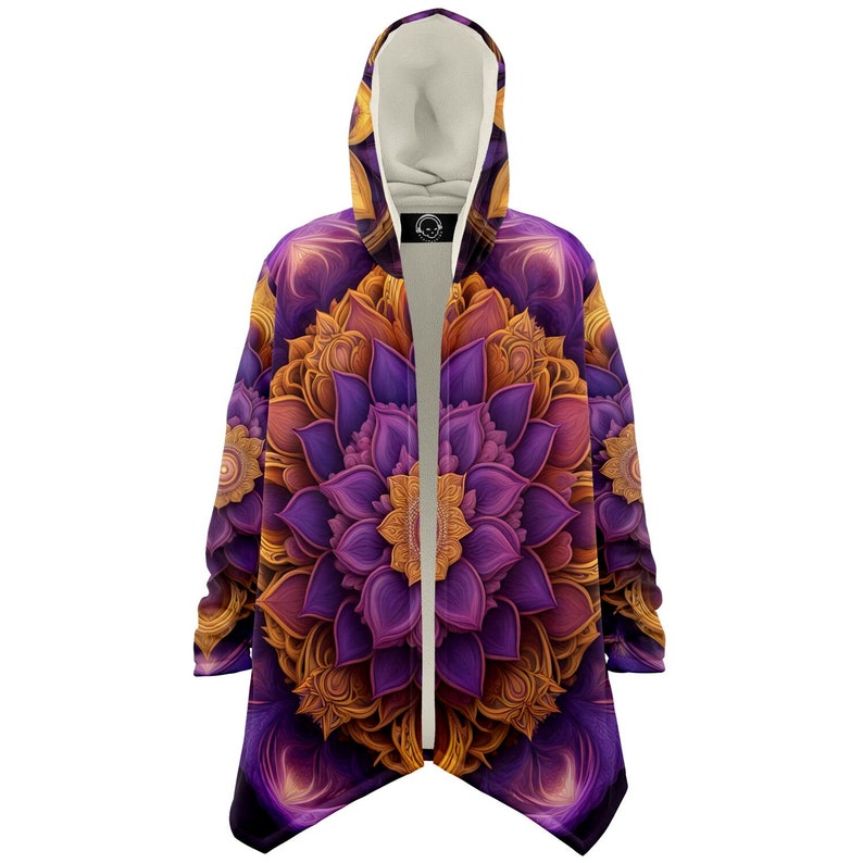 May include: Purple and gold hooded cloak with a mandala design. The mandala features a large flower with intricate details.