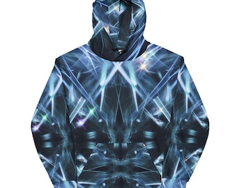 May include: A blue and black hoodie with a geometric pattern of light streaks and stars. The hoodie has a drawstring hood and a kangaroo pocket.