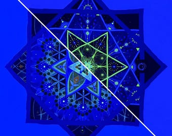 May include: A square tapestry featuring a complex geometric mandala design with a central star. The artwork displays vibrant shades of blue, black, and neon green, with intricate patterns of dots, lines, and star shapes throughout the composition.