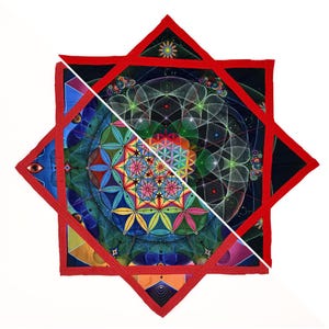 Puede incluir: Un tapiz de pared de tela en forma de estrella con un vibrante patrón de mandala geométrico multicolor a la izquierda y un diseño fractal oscuro y complejo a la derecha, todo bordeado por un ribete de tela de color rojo sólido.