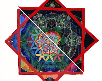 May include: A star-shaped fabric wall hanging featuring a vibrant, multi-colored geometric mandala pattern on the left and a dark, intricate, glowing-style fractal design on the right, all bordered by a bold, solid red fabric trim.