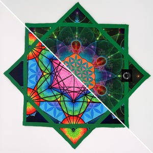 Könnte beinhalten: Ein farbenfrohes, geometrisch gemustertes Textil mit grünem Rand. Das Design zeigt leuchtende Farbtöne von Blau, Rosa, Orange und Grün mit komplizierten Mustern und Formen. Ein kleines schwarzes Etikett mit weißem Symbol befindet sich in der Ecke.