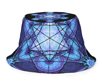 May include: A bucket hat featuring a geometric design in shades of blue and purple. The hat has a black brim and a detailed pattern of interconnected shapes and floral elements. The design is symmetrical and covers the entire hat.