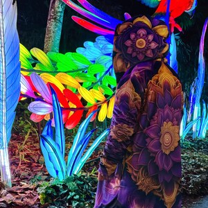 May include: A person wearing a purple and gold hooded jacket with a floral pattern. The jacket has a large flower design on the back. The person is standing in front of a colorful light display of flowers and a parrot.