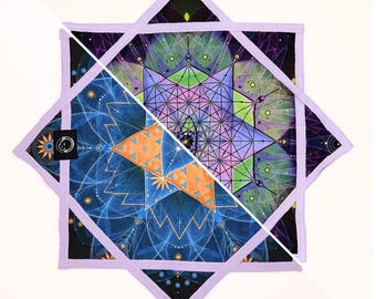May include: A square fabric potholder featuring a split design. One half displays a purple and green geometric mandala pattern, while the other half shows a blue and orange star-shaped fractal design. The edges are finished with light purple trim.