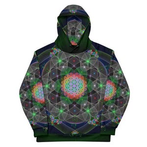 May include: A long-sleeve hooded sweatshirt featuring a dark background with a repeating geometric flower of life pattern in vibrant rainbow colors, layered with translucent white circular arcs and small floral accents throughout the design.