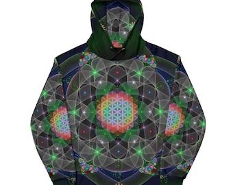 May include: A long-sleeve hooded sweatshirt featuring a dark background with a repeating geometric flower of life pattern in vibrant rainbow colors, layered with translucent white circular arcs and small floral accents throughout the design.