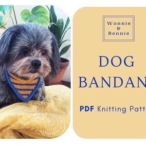 Pode incluir: Um padrão de tricô PDF para uma bandana de cachorro, com um cachorro pequeno usando uma bandana listrada azul e laranja. O padrão é intitulado "Dog Bandana" e é de "Wonnie & Bennie".