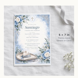May include: A 5 x 7 inch baptism invitation card featuring blue and white floral watercolor illustrations, a central cross, and a small sombrero at the bottom. The text reads Mi Bautizo Santiago, Un dia de fe, amor y bendiciones, with event details.