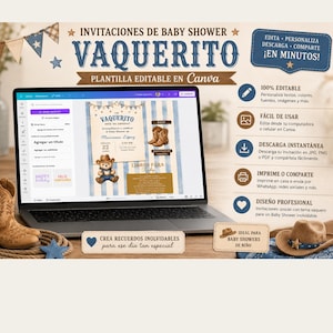 May include: A laptop displaying a customisable baby shower invitation template with a cowboy theme, featuring a teddy bear, cowboy boots, and blue striped patterns. The screen shows text including VAQUERITO and various editing tools.