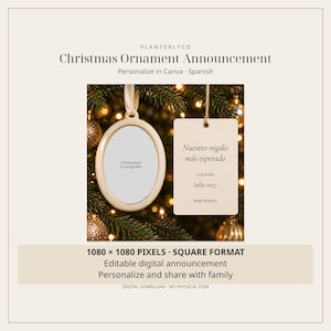 May include: An oval-shaped frame ornament and a rectangular tag ornament hanging on a Christmas tree. The oval frame contains the text Coloca aqui tu ecografia. The rectangular tag features the text Nuestro regalo mas esperado LLEGA EN julio 2027 BEBE ROBLES.