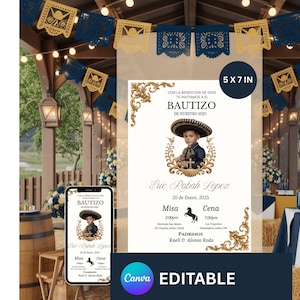 Marineblauwe en gouden Charro-doopuitnodiging + stickersjabloon goodiebag | CANVA