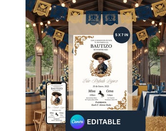 charro Theme Marine & Gold Charro Taufeinladung + Goodie Bag Sticker Vorlage | Bearbeitbare Leinwand