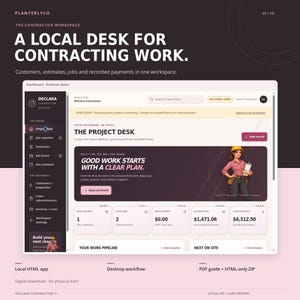 May include: A digital dashboard interface titled Declara Contractor Edition, featuring a project desk layout with sections for job inquiries, estimates, and invoices. The screen displays text including A LOCAL DESK FOR CONTRACTING WORK and GOOD WORK STARTS WITH A CLEAR PLAN, alongside a graphic of a person in a hard hat.
