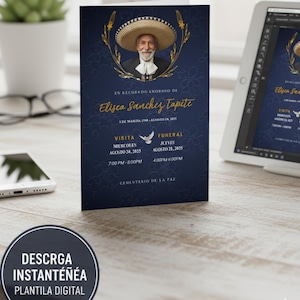 May include: A navy blue memorial card featuring a portrait of a man in a sombrero. Gold text reads "En Recuerdo Amoroso De Elisea Sanchez Tapite" with dates and times for a visitation and funeral. A digital download is advertised.