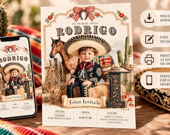 Convite de Aniversário Charro para o Primeiro Aniversário, Download Digital Editável, Convite para Bebê
