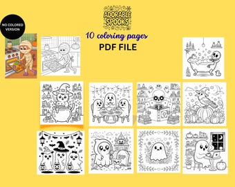 May include: A collection of ten black and white Halloween-themed coloring pages. The pages feature various spooky characters and scenes, including ghosts, a cat in a witch's hat, and a skeleton. The text "Adorable Spooks" and "10 coloring pages PDF FILE" are also visible.