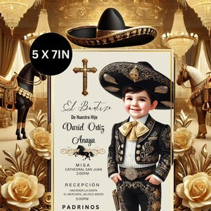 Charro Baptism Invitation Template, 5x7in Editable Canva Digital Invite, Black Gold  Theme for Religious Celebration