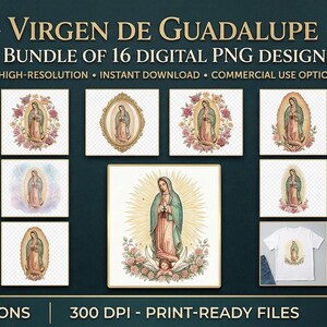 Paquete de imágenes PNG de la Virgen de Guadalupe, 16 diseños digitales de alta resolución