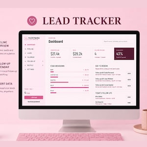 May include: A computer monitor displaying a Lead Tracker dashboard with pink and white interface elements. The screen shows metrics, a pipeline overview, and follow-up tasks. The text includes Lead Tracker, Dashboard, and Petal & Pipeline.