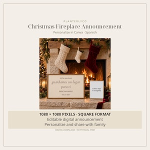 May include: A digital Christmas fireplace announcement template featuring three hanging stockings, a wooden sign with the text ESTA NAVIDAD guardamos un lugar para ti BEBE NAVARRO JULIO 2027, and a frame with the text Coloca aqui tu ecografia.