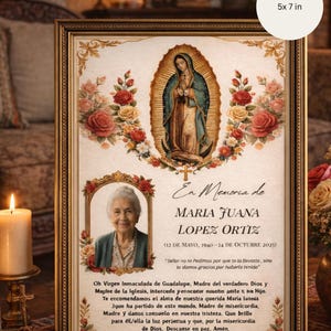 May include: A framed memorial print, 5x7 inches, featuring a portrait of an elderly woman and an illustration of the Virgin Mary. The print includes text in Spanish, floral accents, and a decorative gold frame.