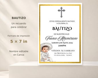 Convite de Batizado, Bebê Charro Espanhol Branco e Prateado com Cruz, Modelo Editável no Canva 5x7