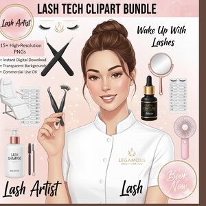 Puede incluir: Paquete de imágenes prediseñadas digitales con una mujer y herramientas y productos de extensión de pestañas. Incluye una artista de pestañas, champú para pestañas, costura de pestañas y un ventilador rosa. Texto: "Lash Tech Clipart Bundle", "Wake Up With Lashes" y "Book Now".