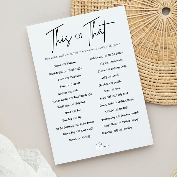 This or That Bridal Shower Party Game, Which would the bride prefer, Printable Game, Modern Bride, Black and White, Instant Download