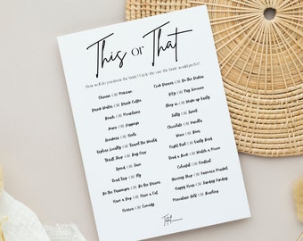 This or That Bridal Shower Party Game, Which would the bride prefer, Printable Game, Modern Bride, Black and White, Instant Download