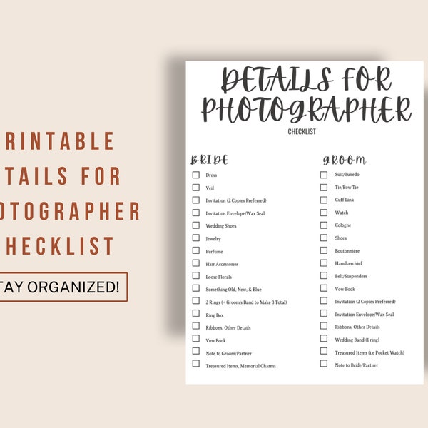 Details for Photographer Checklist, Photographer List, Wedding Checklist, Wedding Essentials, Photographer, Modern Bride, Digital Download