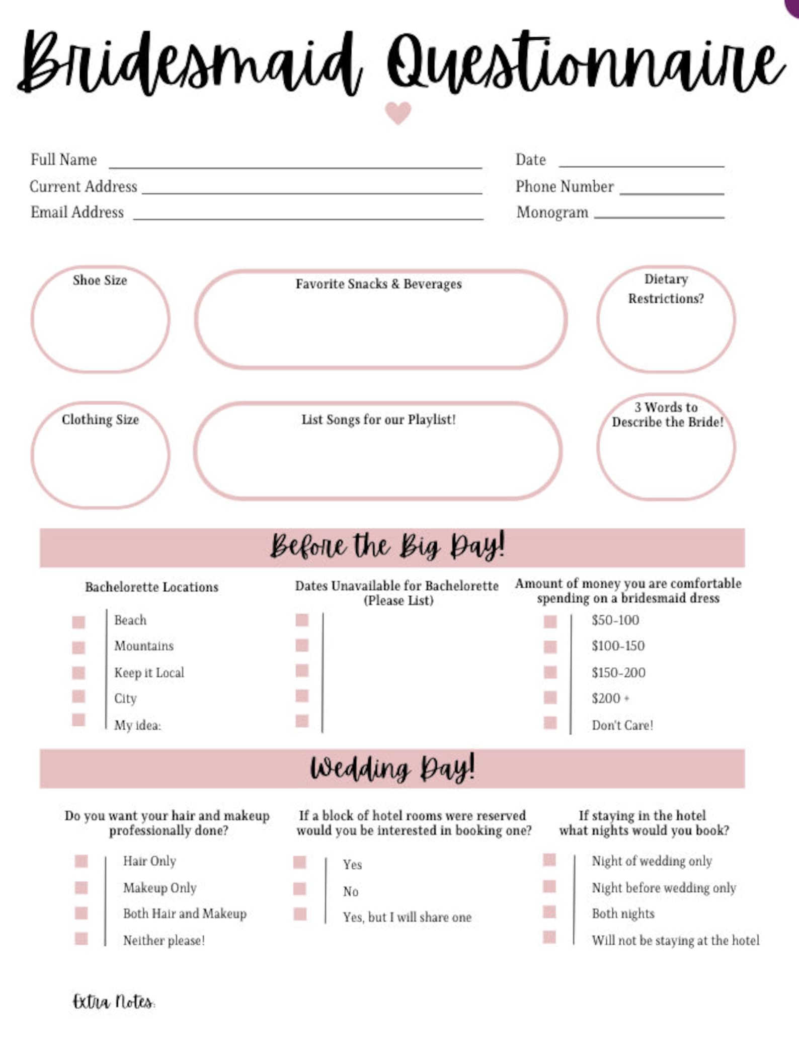 Bridesmaid Questionnaire Template for Wedding, Bridesmaid Survey